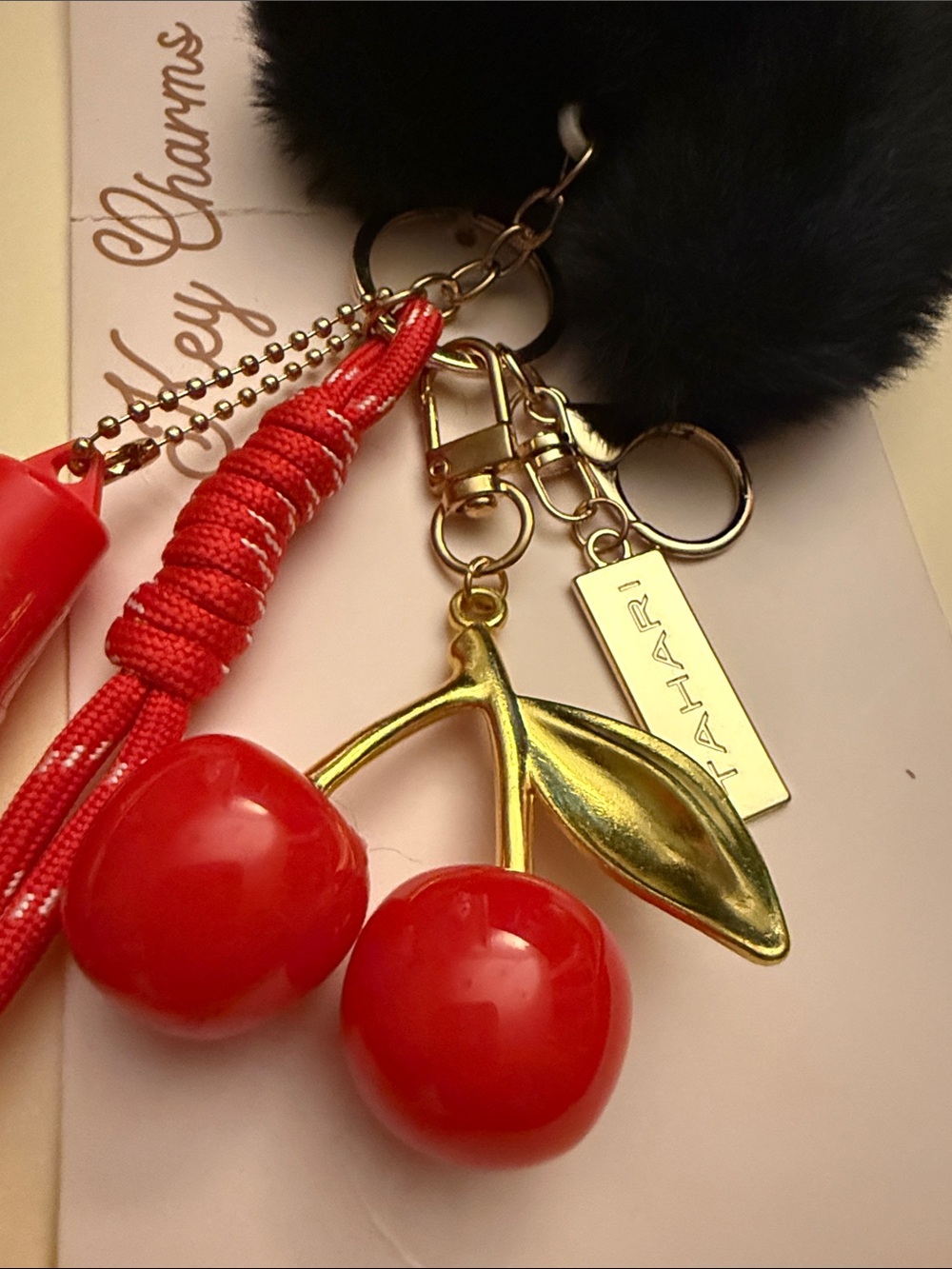 Tahari Red Cherry Kiss Lipgloss Keychain Bag Charm Cherry Plush Heart
